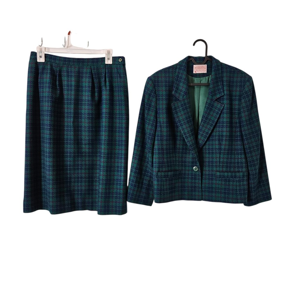 Vintage 80's Pendleton Petite Suit Blazer And Skirt Wool Houndstooth Plaid